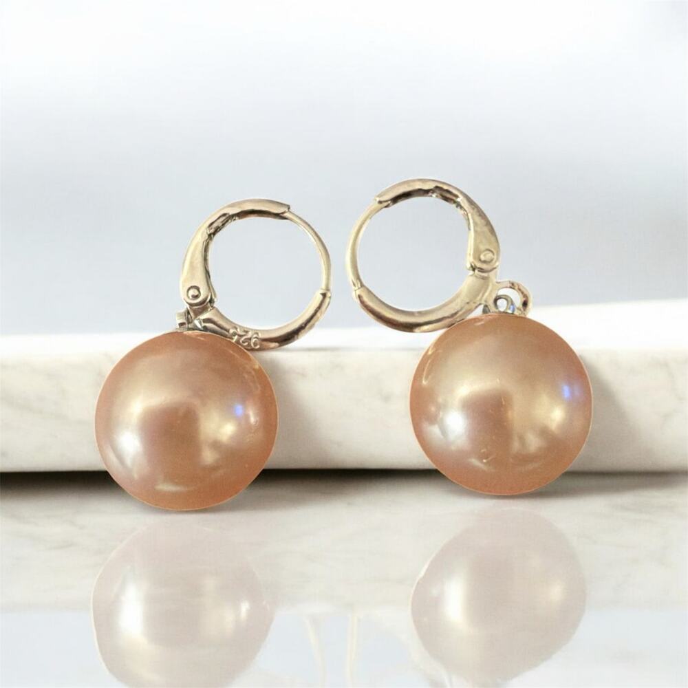 925 stamp silver Color  Luxurious Peach Pearl Leverback Drop Earrings
